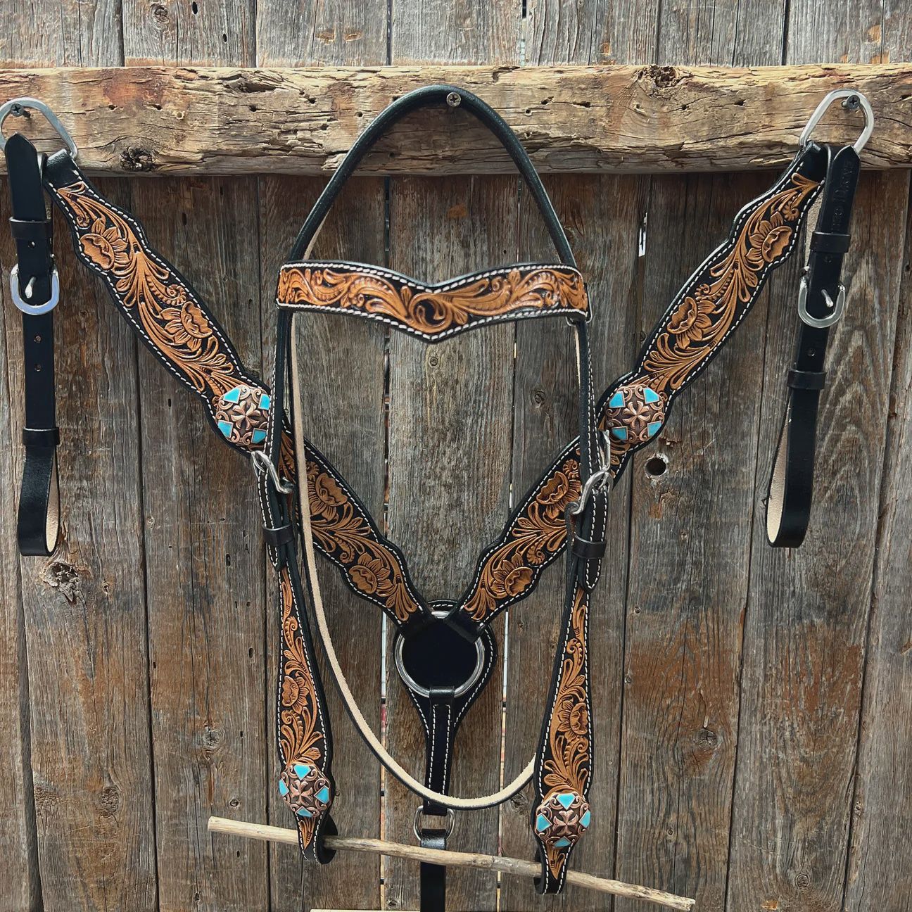 Tooled floral copper and blue brownband/breastcollar