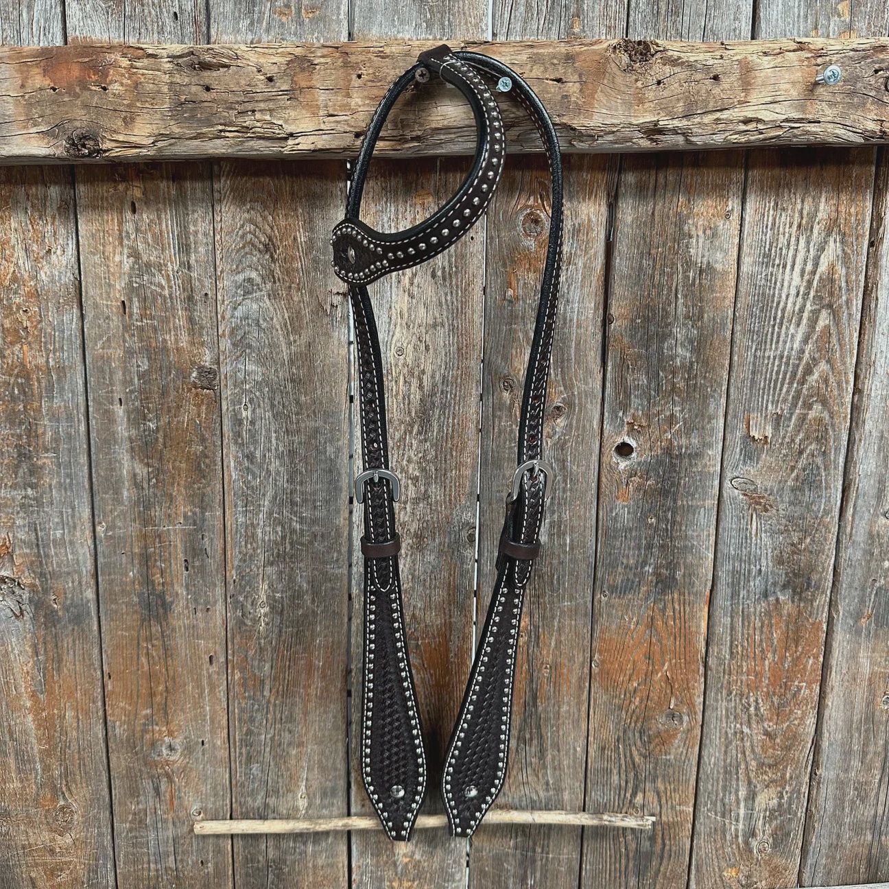Dark oil basketweave with silver dots one ear headstall