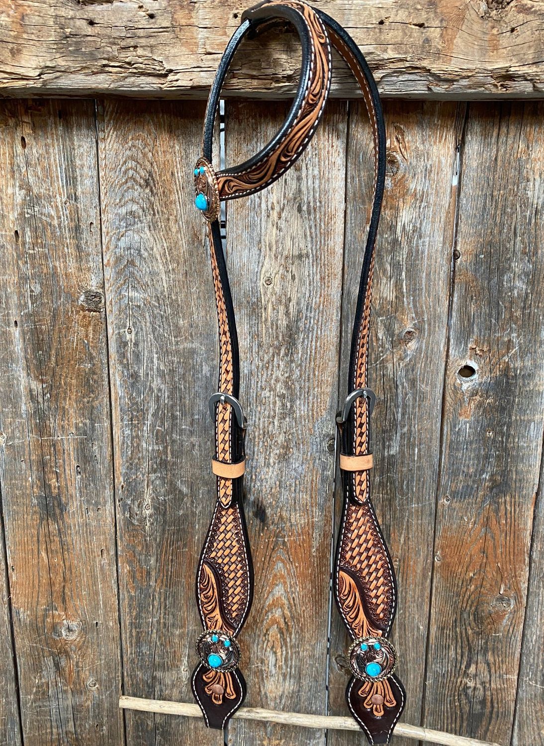 Brown leaf scalloped turquoise blossom one ear headstall