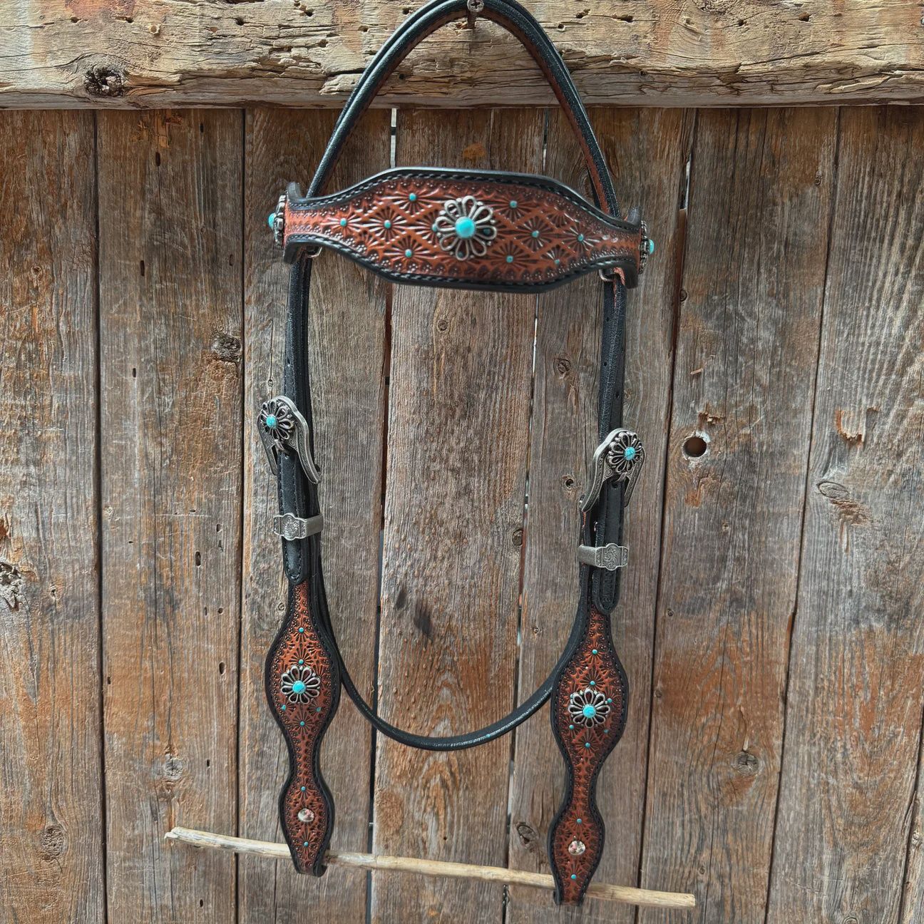Teal diamond and turquoise flower browband/one ear tack set