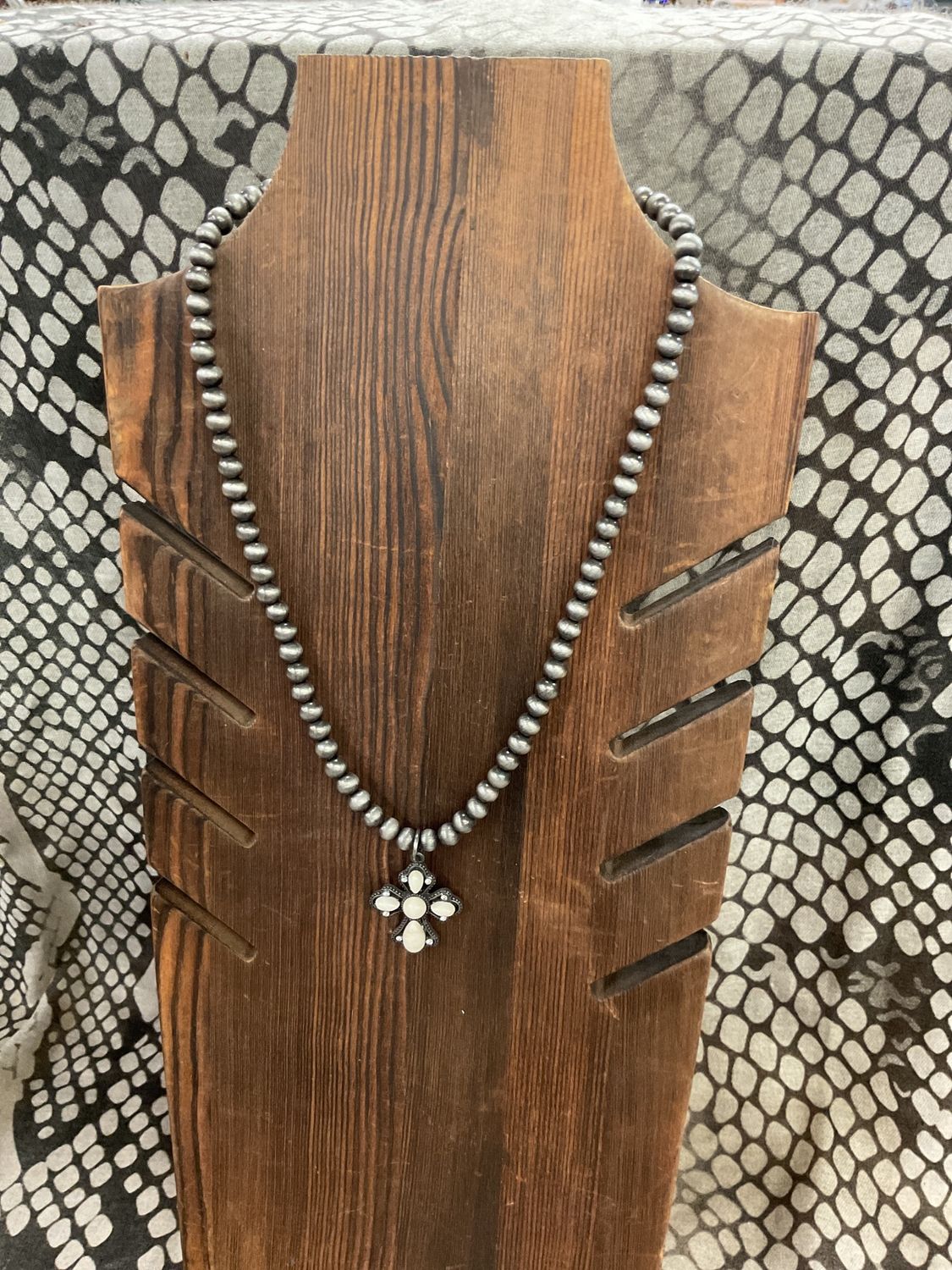 Silver beads w/white cross necklace
