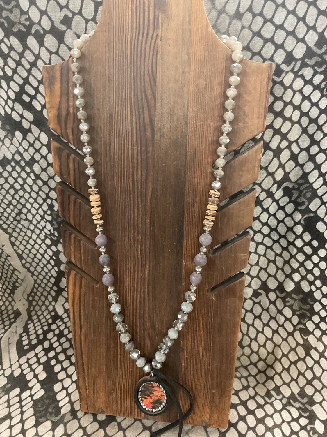 Gray beaded long necklace