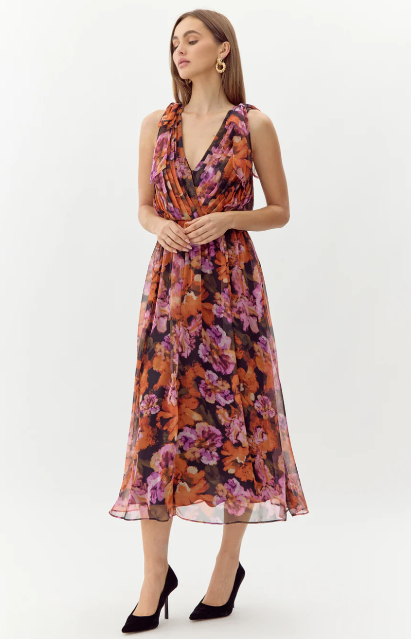 Adelyn Rae Vianka Tie Shoulder Chiffon Midi Dress