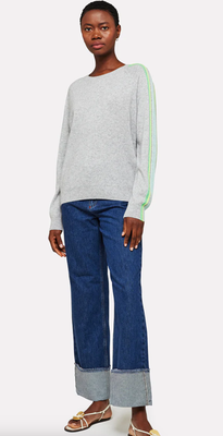 Brodie Cashmere Mesh Stripe Sleeve Crew