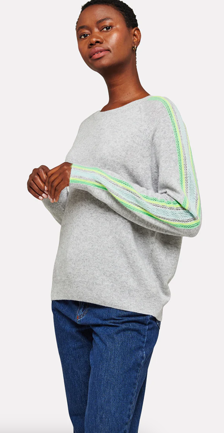 Brodie Cashmere Mesh Stripe Sleeve Crew