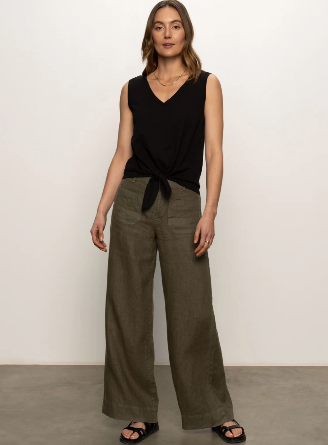 Sanctuary The Linen Marine Wide Leg Semi-High Rise Pant Kalamata