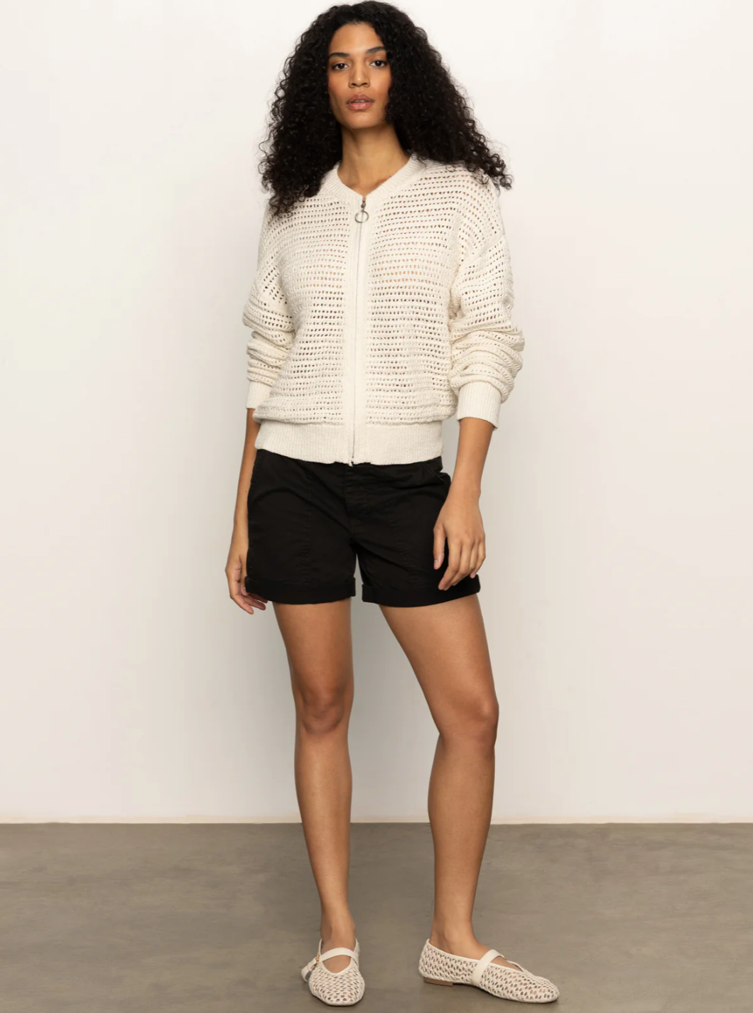 Sanctuary Open Knit Bomber Jacket Chalk