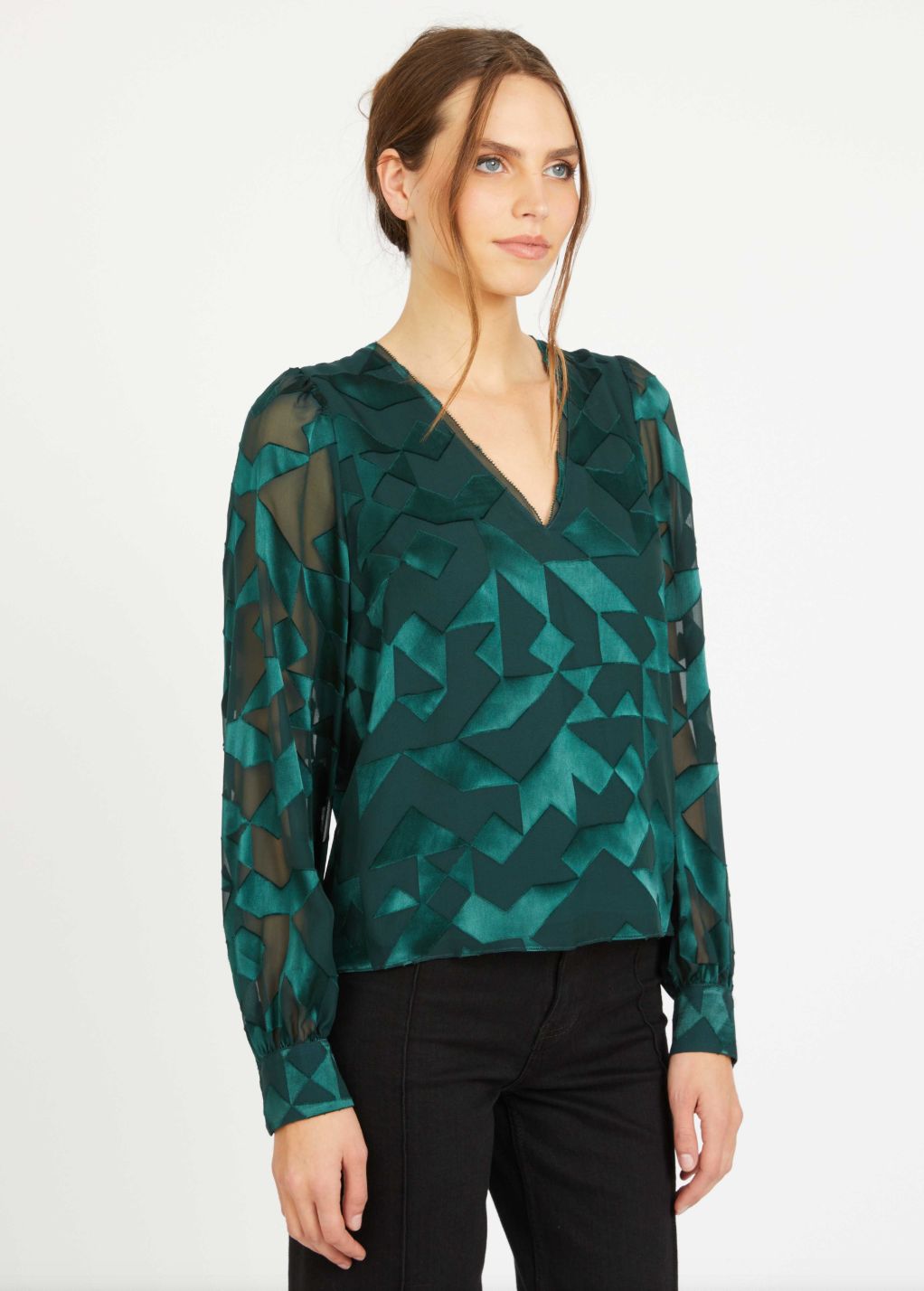 Caballero Ruby Top In Sea Moss Silk Geo Burnout