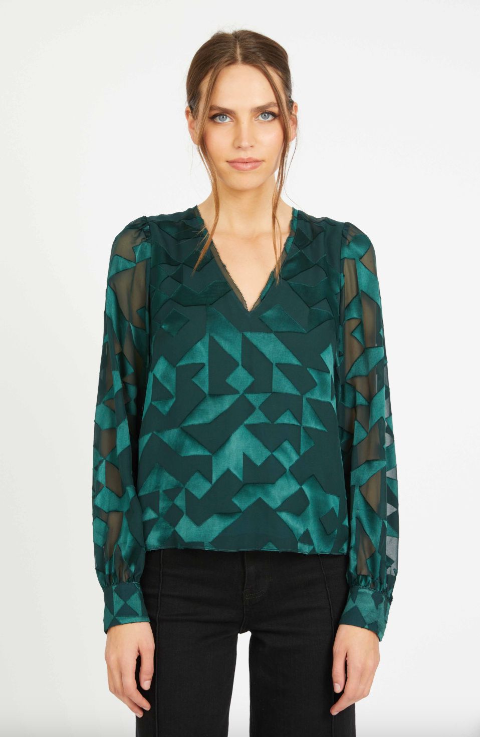 Caballero Ruby Top In Sea Moss Silk Geo Burnout
