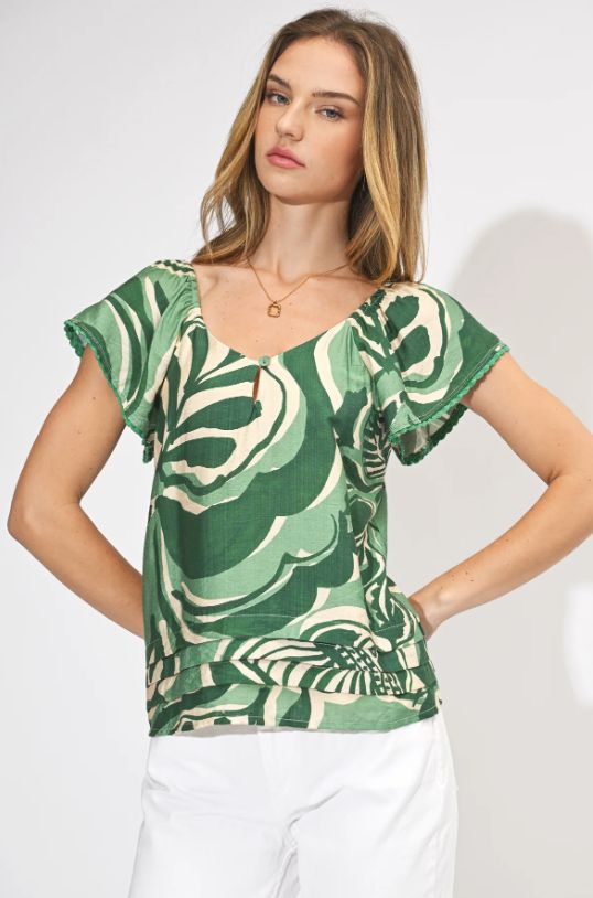 Adelyn Rae - Nyra Leaf Print Flutter Sleeve Top