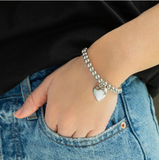 Marlyn Schiff - 6MM Beaded Ball Bracelet With Large Heart Charm