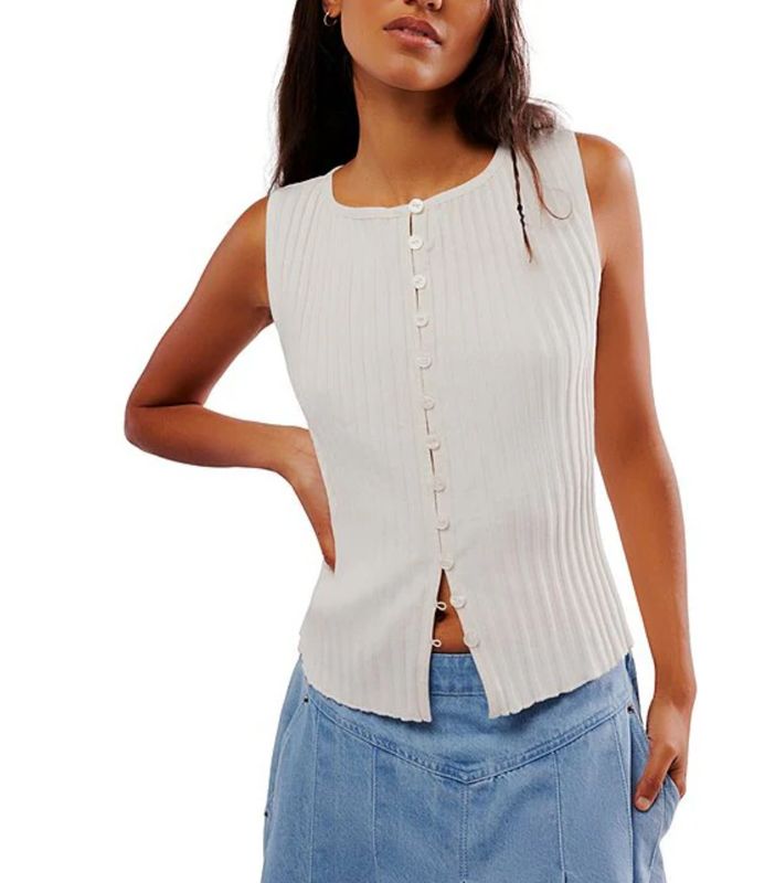Free People - Tilly Ribbed Knit Crew Neck Sleeveless Fitted Vest