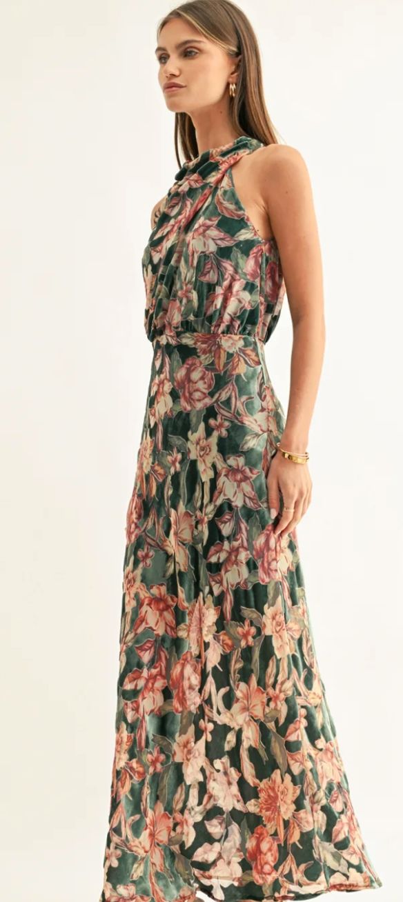 Veda Burnout Velvet Draped Maxi Dress