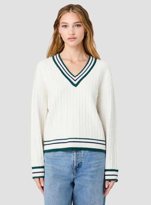 Aleyna Knit V-Neck Cable Pullover Sweater