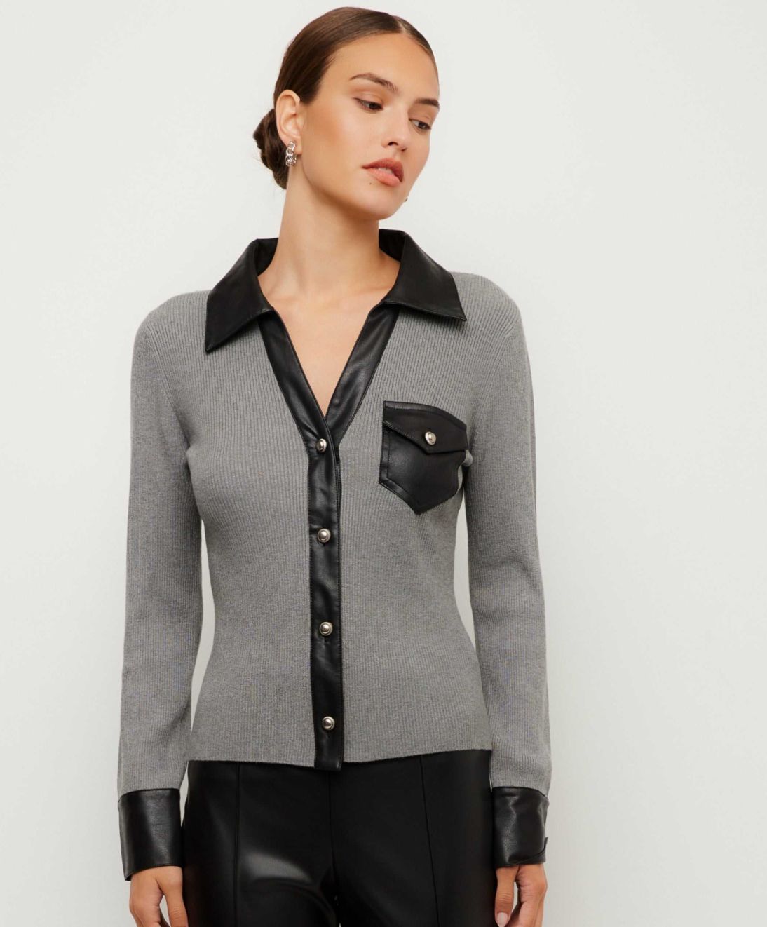 Isabella Contrast Faux Leather Button-Up Top