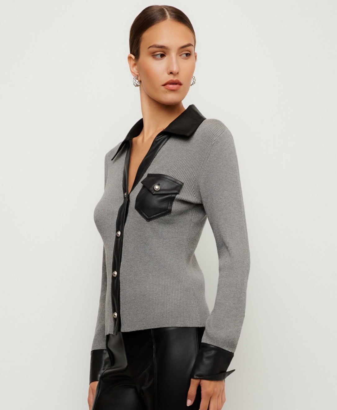 Isabella Contrast Faux Leather Button-Up Top