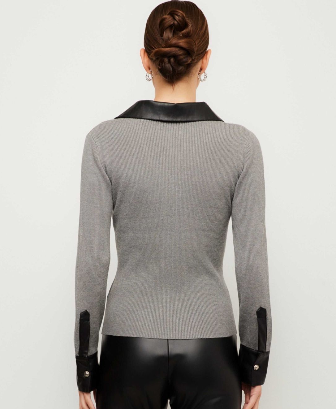Isabella Contrast Faux Leather Button-Up Top