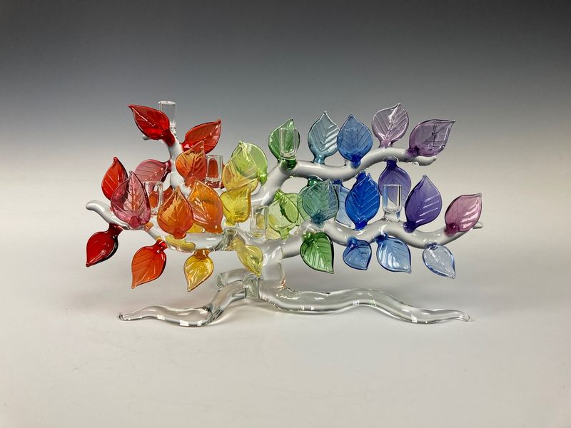 BANDHU DUNHAM - Glass Chanukah Menorah with Fall Color Leaves