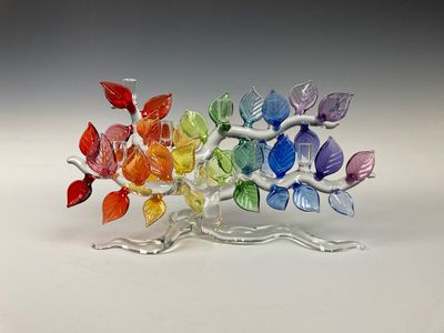 BANDHU DUNHAM - Glass Chanukah Menorah with Fall Color Leaves