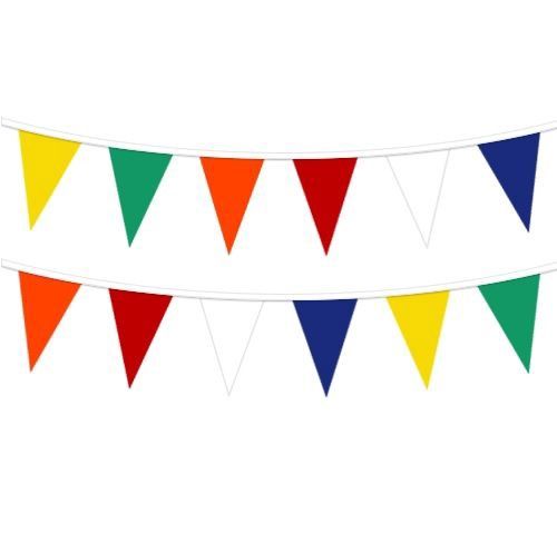 Multicolored plastic pennants on rope, 30'