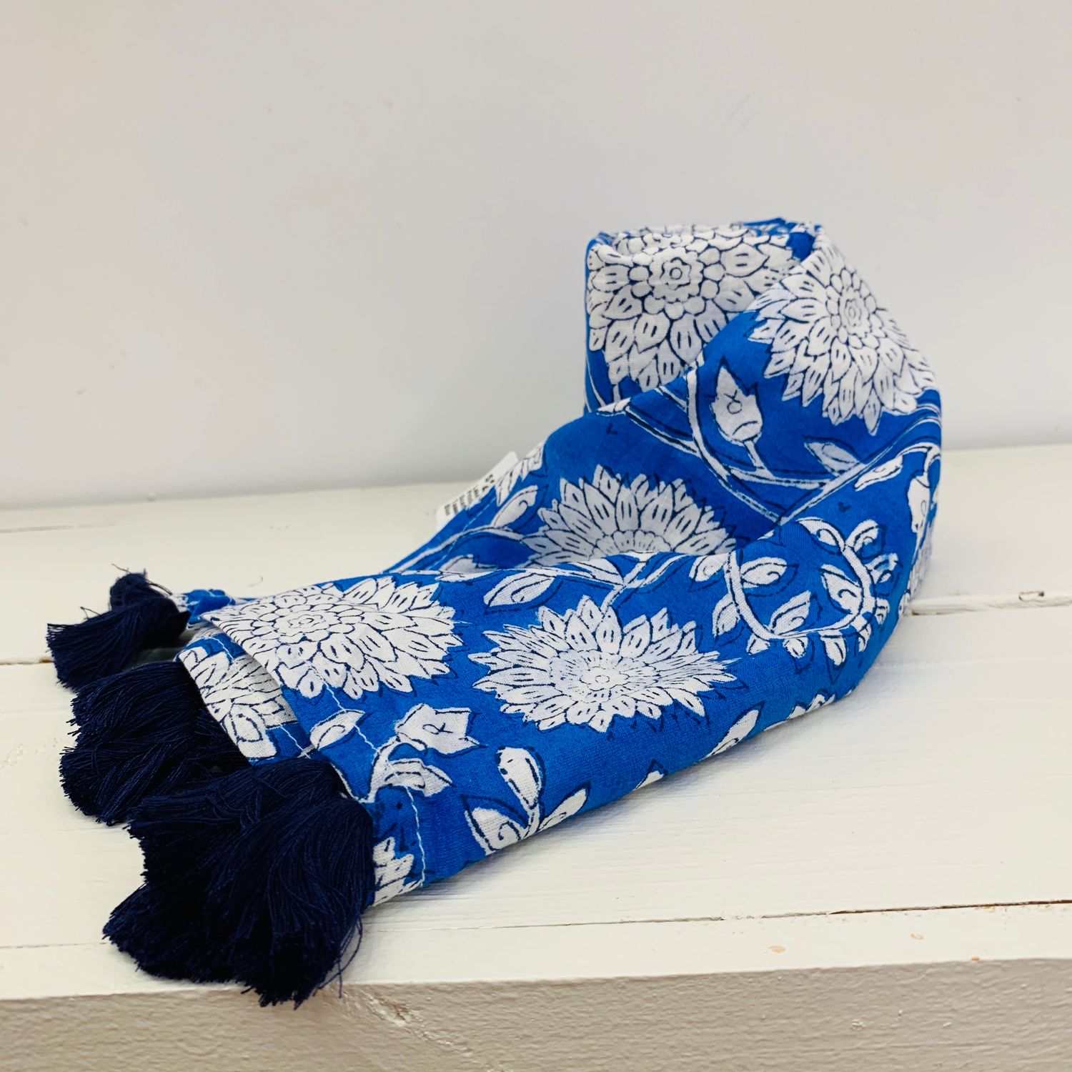 Laksha Block Print Cotton Scarf with Tassels, India, Color: Blue