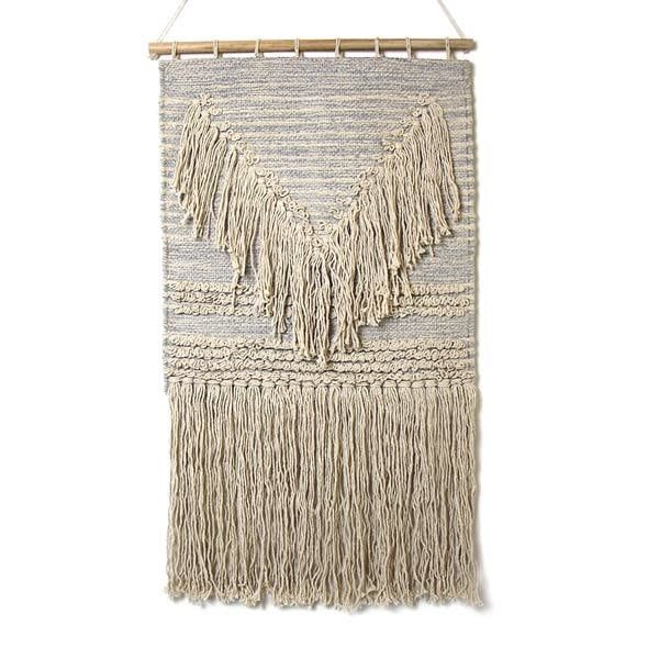 Boho Wall Hanging Blue Grey with Cream Fringe, India