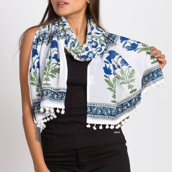 Namita Block Print Cotton Scarf with Pom Poms: Navy and Green, India
