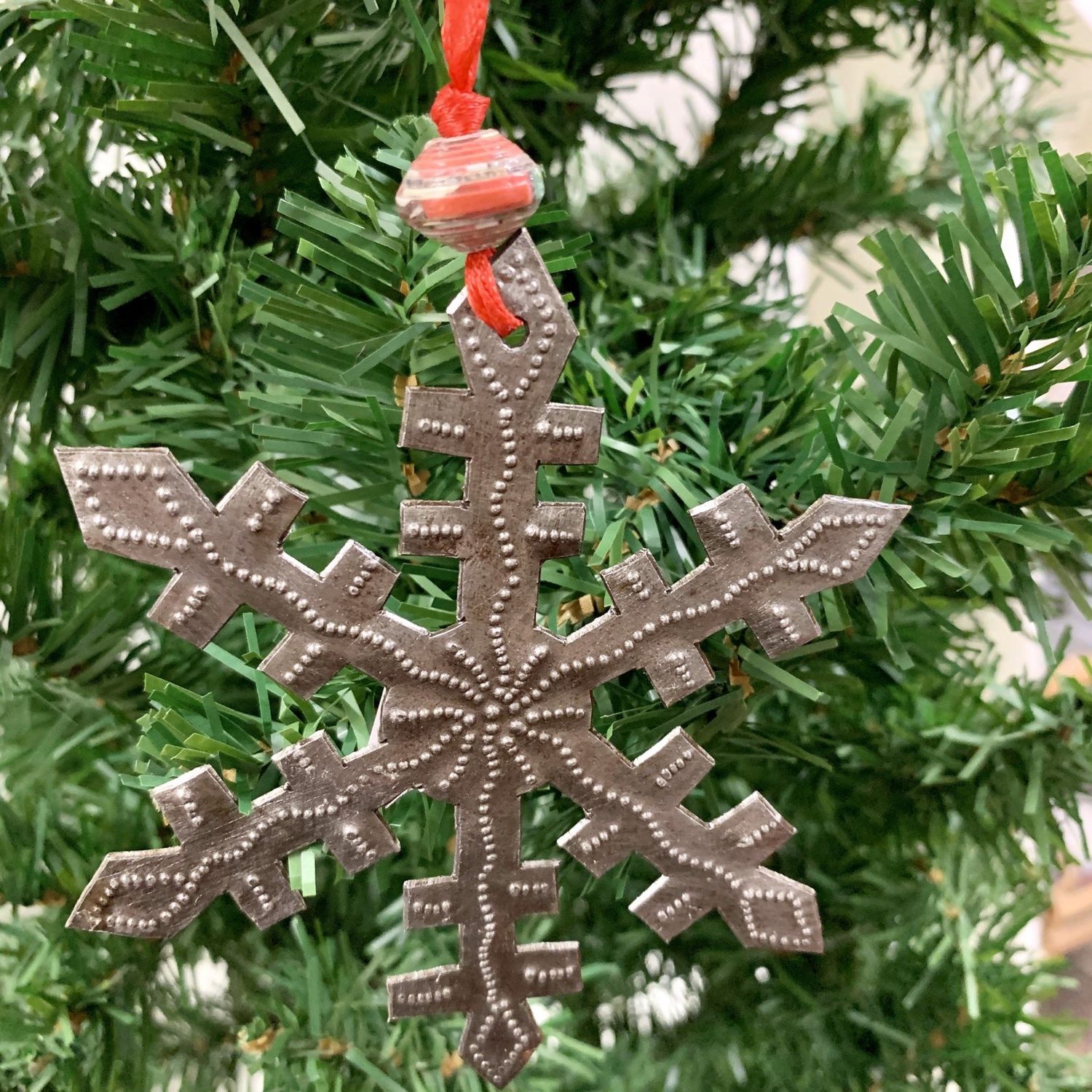Cut Metal Red Ribbon Snowflake, Haiti