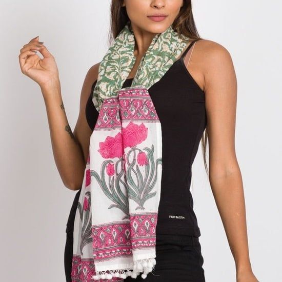 Namita Block Print Cotton Scarf with Pom Poms: Fuchsia and Sage, India