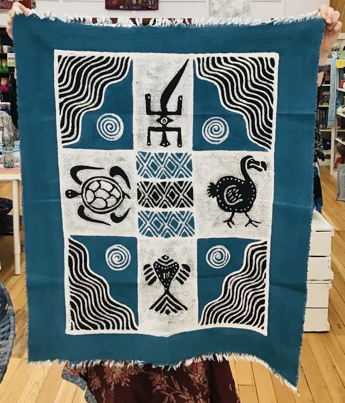 Four Creatures Batik Wall Hanging Blue and Black, Zimbabwe