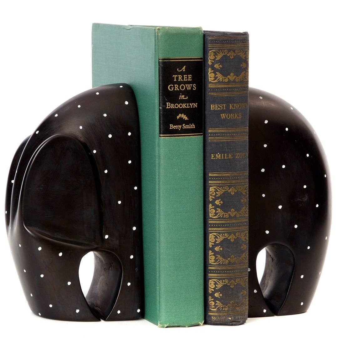 Black Polka Dot Soapstone Elephant Bookends, Kenya