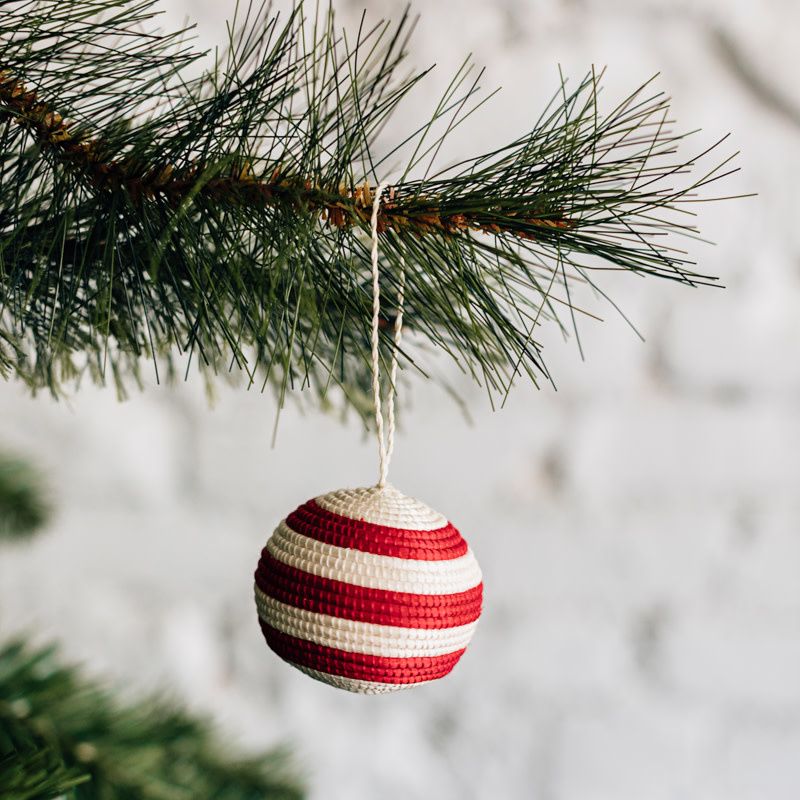 Striped Woven Ball Ornament- Red