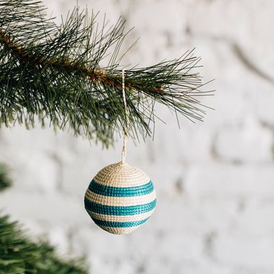 Striped Woven Ball Ornament- Emerald  Green