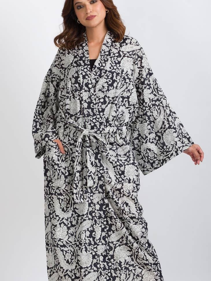 Cotton Kimono Robe--Black and White Paisley, India