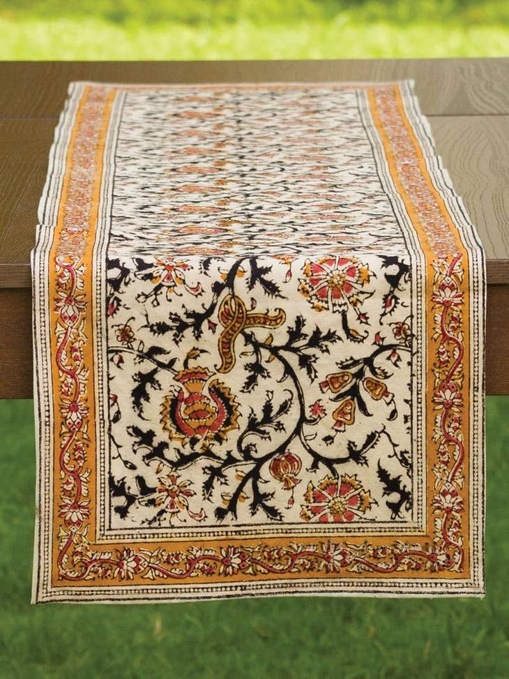Gold and Rose Kalamkari Table Runner, India