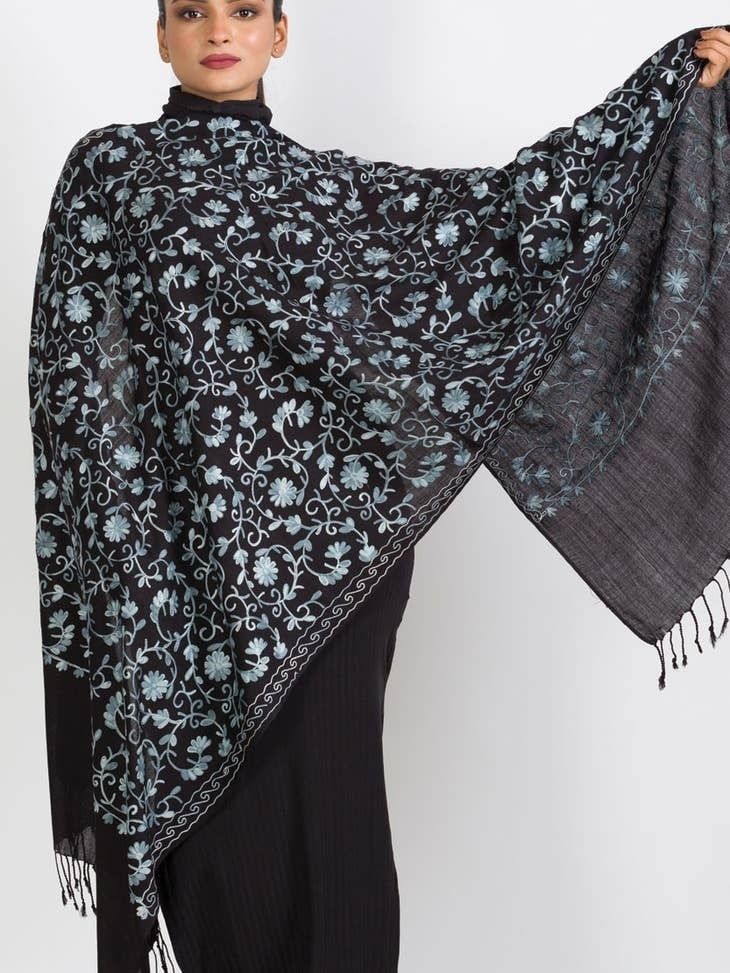 Isha Embroidered Shawl--Black and Light Blue, India
