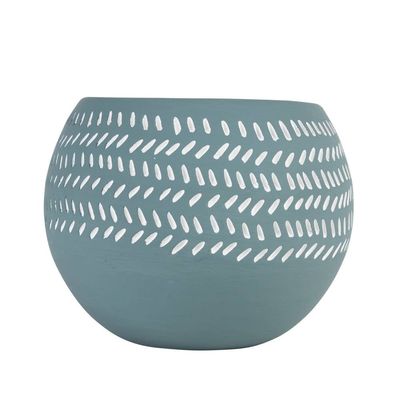Teal Scored Terracotta Planter 7&quot;D, Bangladesh
