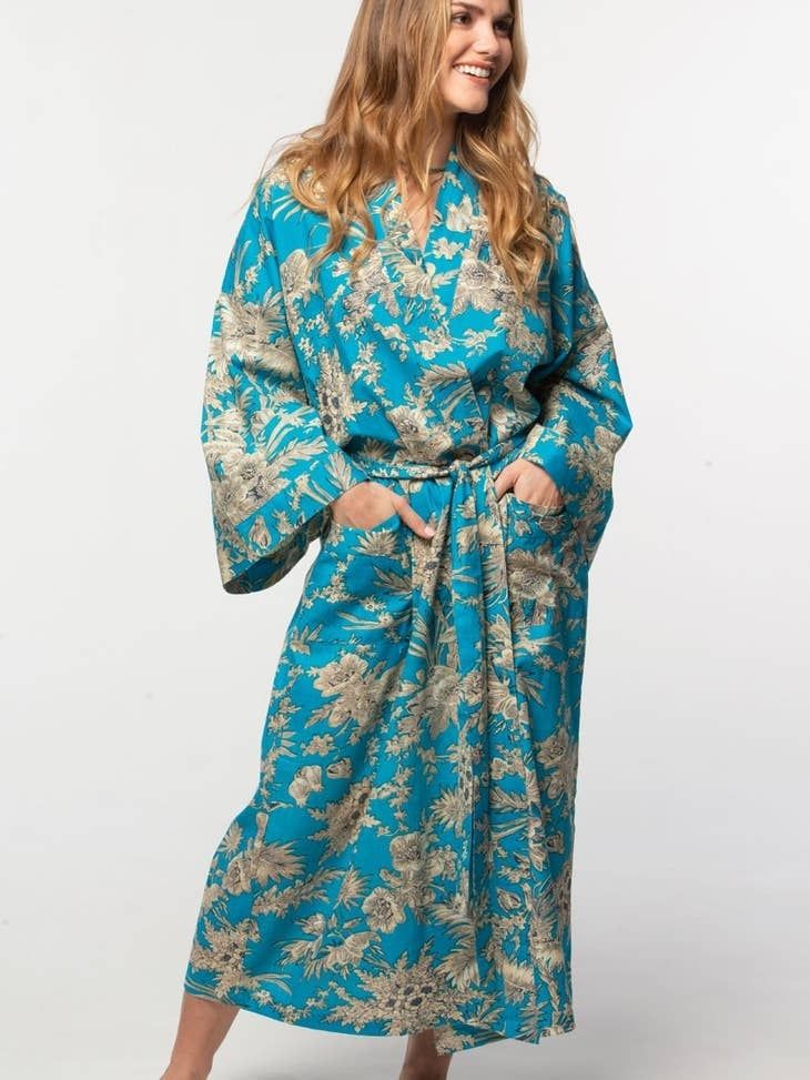 Cotton Kimono Robe--Turquoise and Gold, India