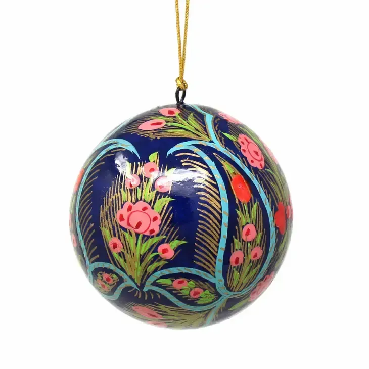Coral and Blue Floral Handpainted Ball Ornament, India