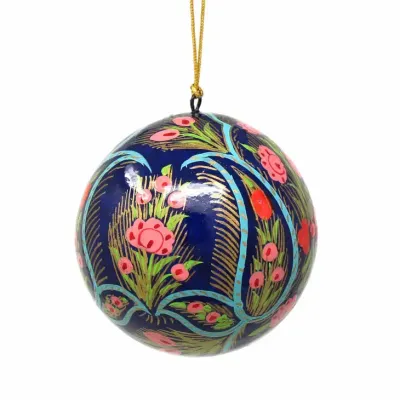 Coral and Blue Floral Handpainted Ball Ornament, India