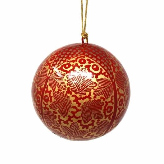 Handpainted Ball Ornament Gold Chinar Leaves, India