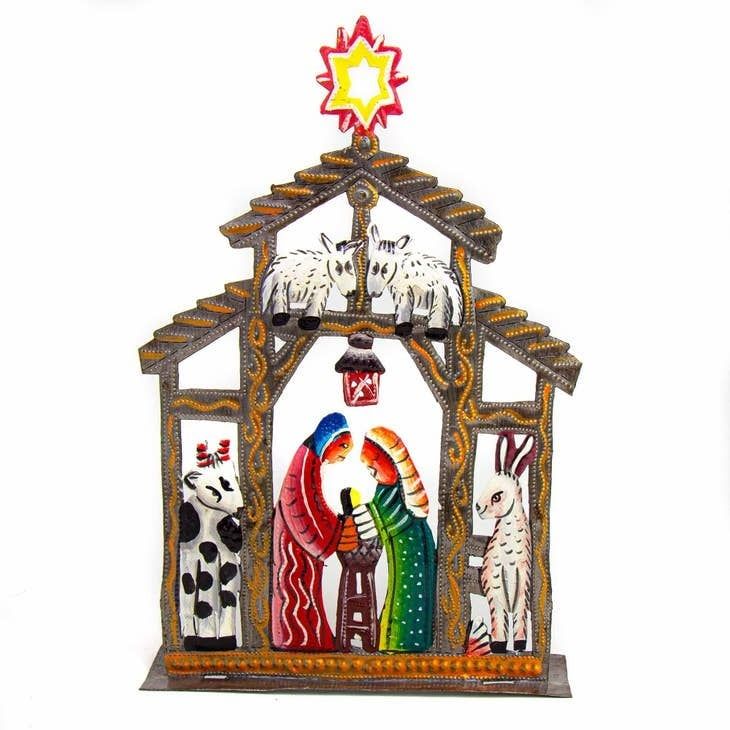 Haitian Cut Metal Tabletop Nativity with Barn Animals, Haiti