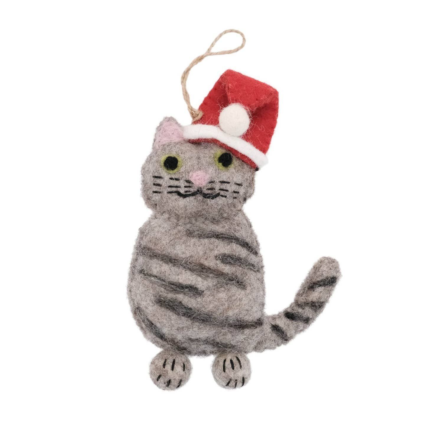 Grey Tabby Santa Cat Felt Ornament, Nepal