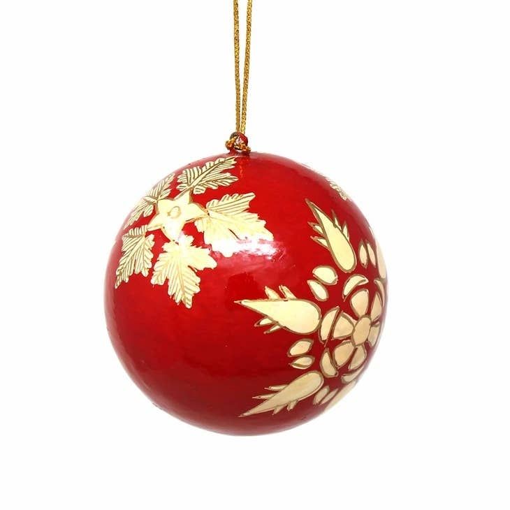 Handpainted Ball Ornament Gold Snowflakes, India