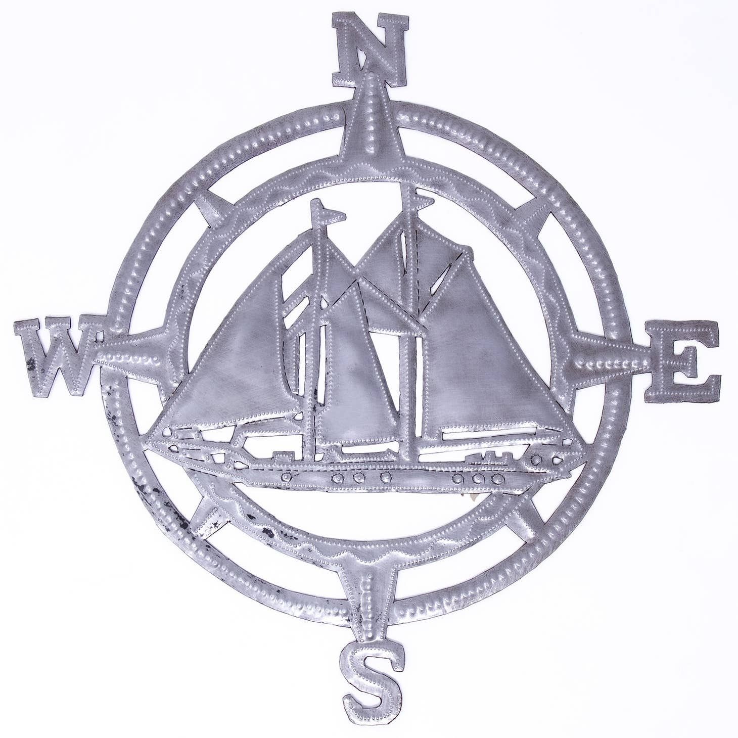 Nautical Compass with Sailboats Haitian Cut Metal Wall Art, 12&quot;, Haiti