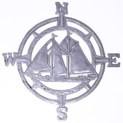 Nautical Compass with Sailboats Haitian Cut Metal Wall Art, 12&quot;, Haiti