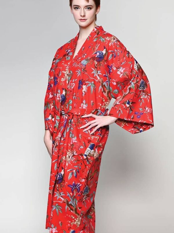 Cotton Kimono Robe--Red Multi Birds, India