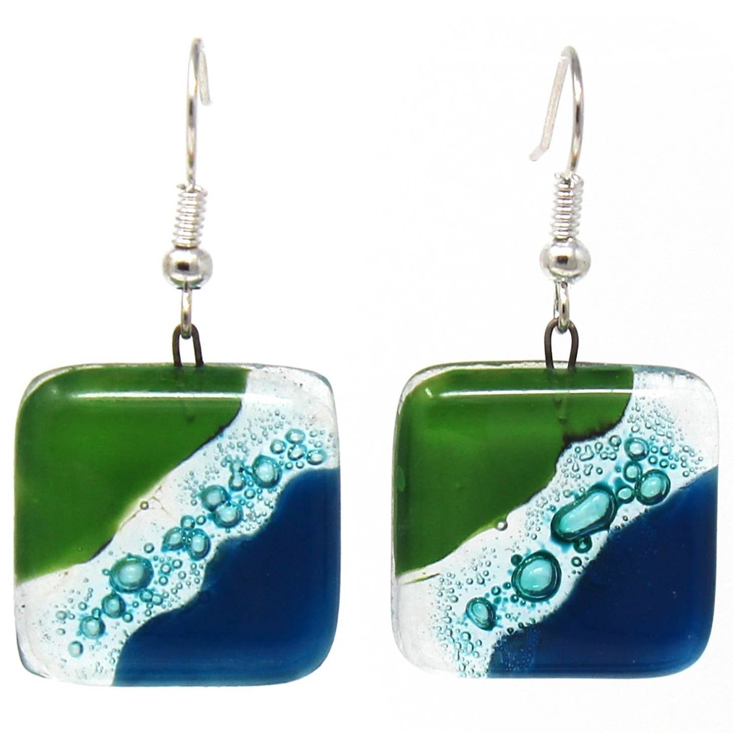 Square Glass Dangle Earrings - Blue Green Waves, Chile