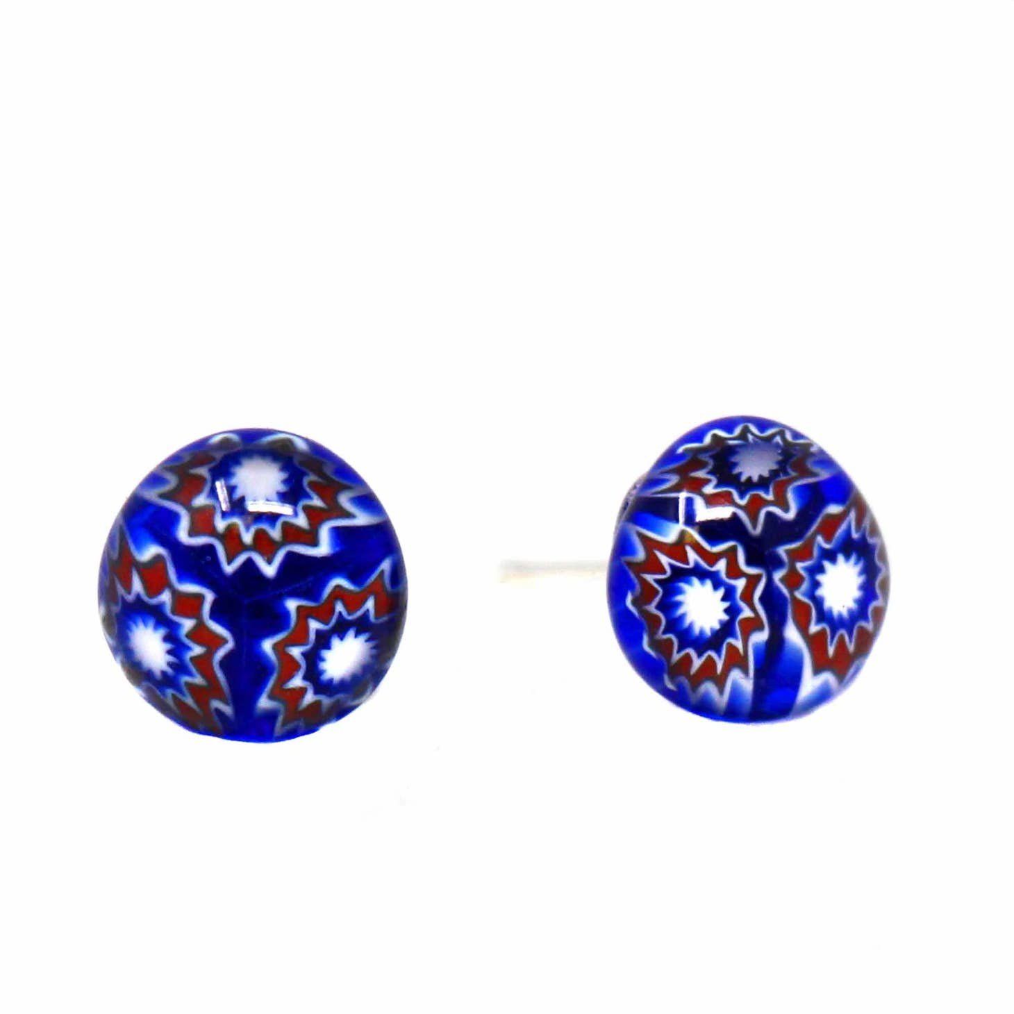 Round Glass Stud Earrings, Blue Flower, Chile