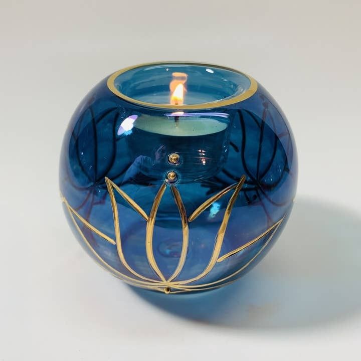 Blown Glass Candle Holder - Lotus Blue, Egypt